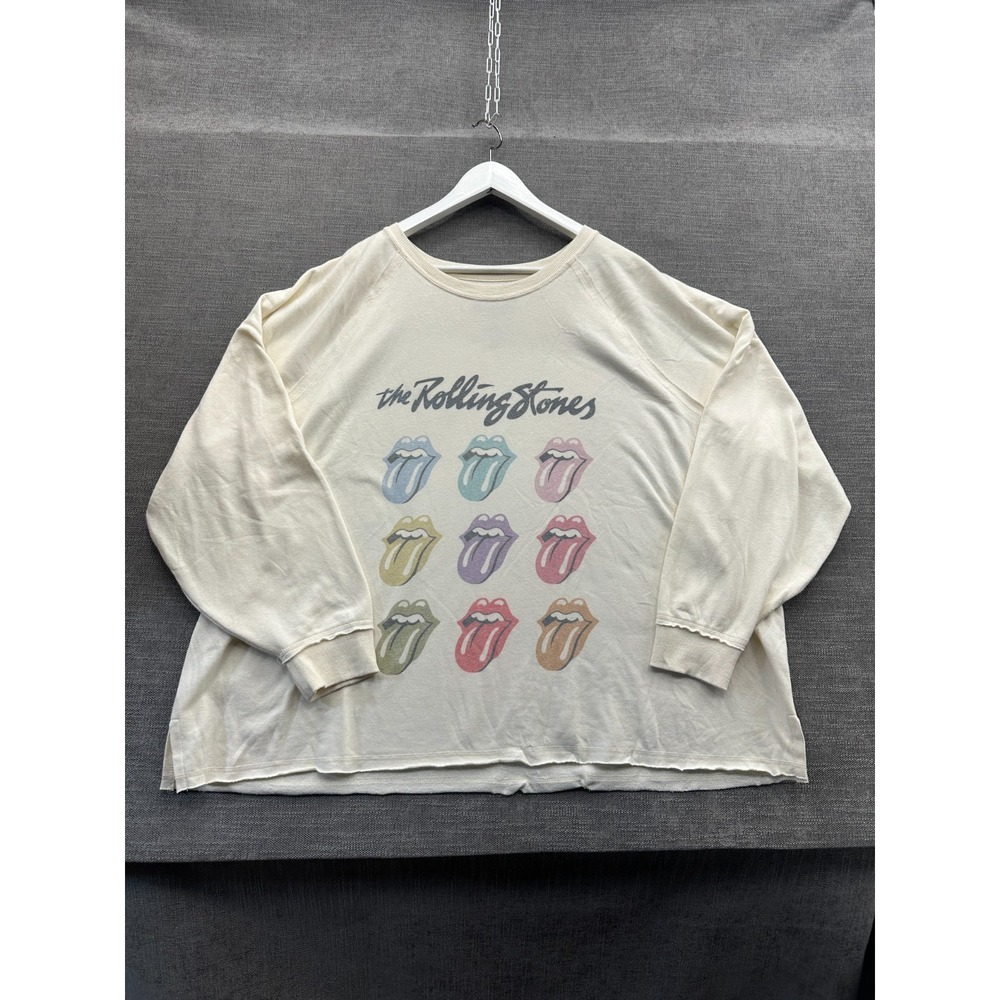 Rolling Stones Sweatshirt Womens 3X Beige Graphic Cotton Raglan Sleeve Side Slit